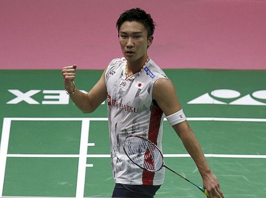 Kento Momota of Japan reacts after winning a point to Viktor Axelsen of Denmark in their semi-final men's singles badminton match during Thomas & Uber Cup in Bangkok, Thailand, Friday, May 25, 2018. (AP Photo/Sakchai Lalit)