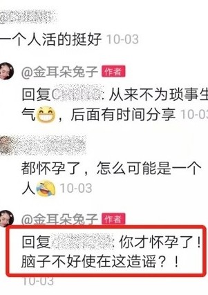 马蓉否认怀孕，在个人微博反呛“你才怀孕了，脑子不好使在这造谣！”（红框处）