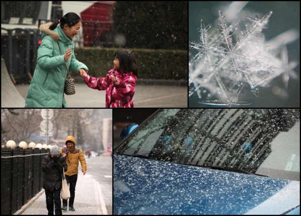 北京多个城区今晨起陆续降雪，出现“霾中飘雪”的景象。（互联网图）