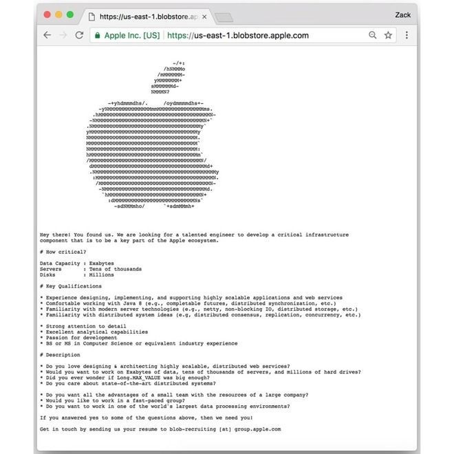 苹果官网贴出隐藏版征才讯息网页。（网络图）
